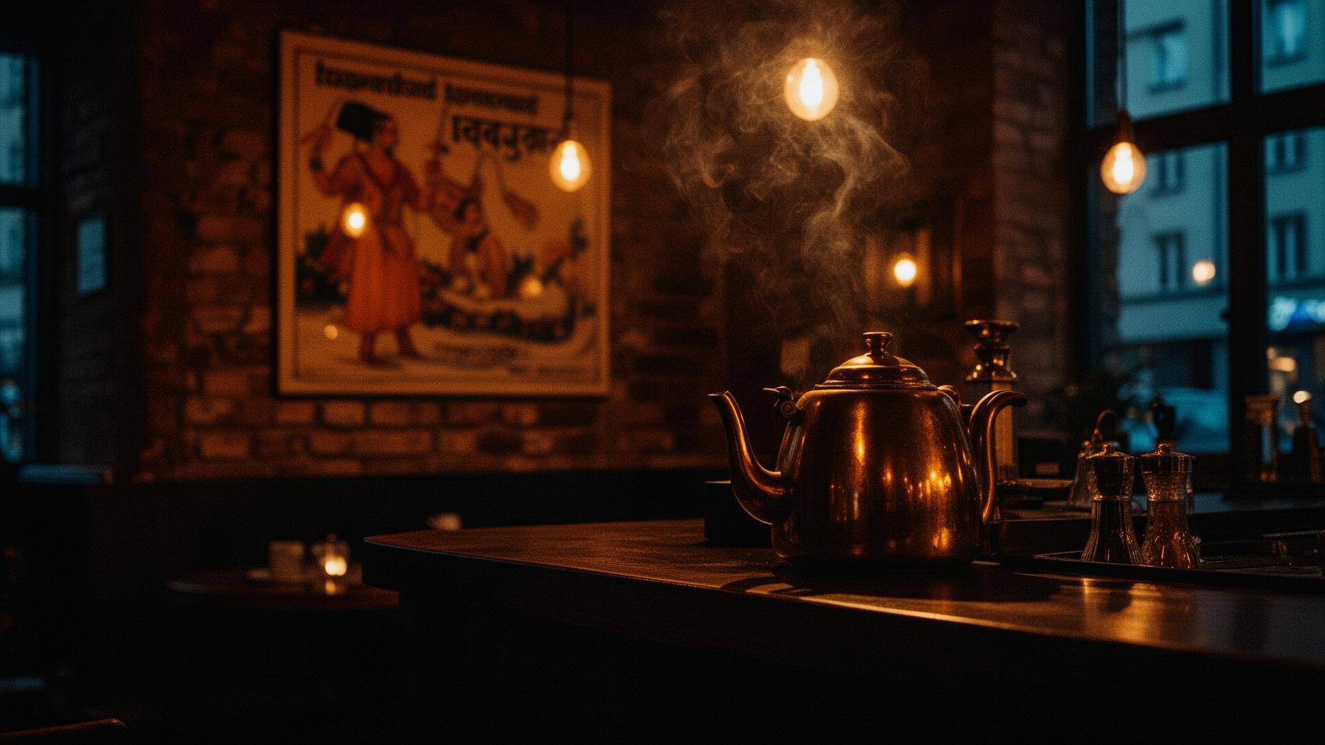 Warm amber-lit interior of Haus of Chai with a brass kettle and rising steam