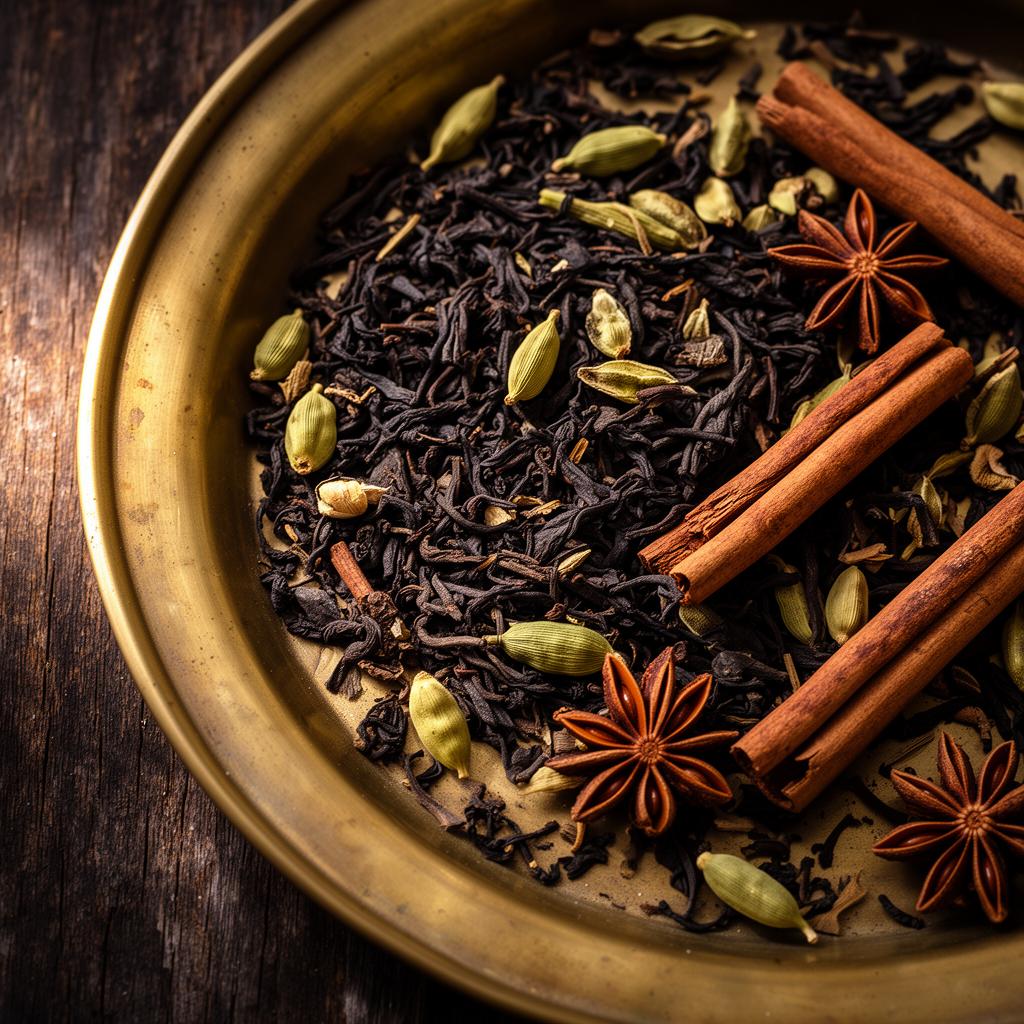 Loose black tea, cardamom and star anise on a brass tray